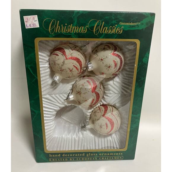 4 VTG Commodore Christmas Classics Ornaments White Red Glitter Star Swirl - Picture 2 of 5